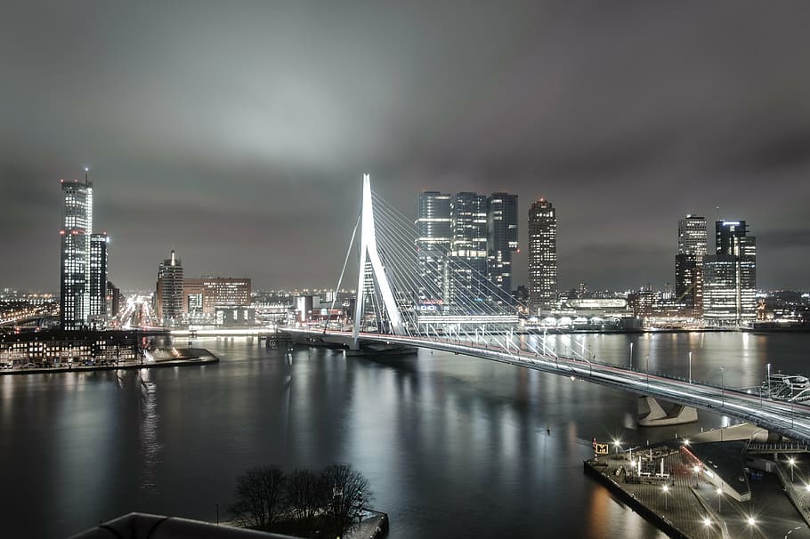 lighted concrete bridge at night, rotterdam, netherlands, holland