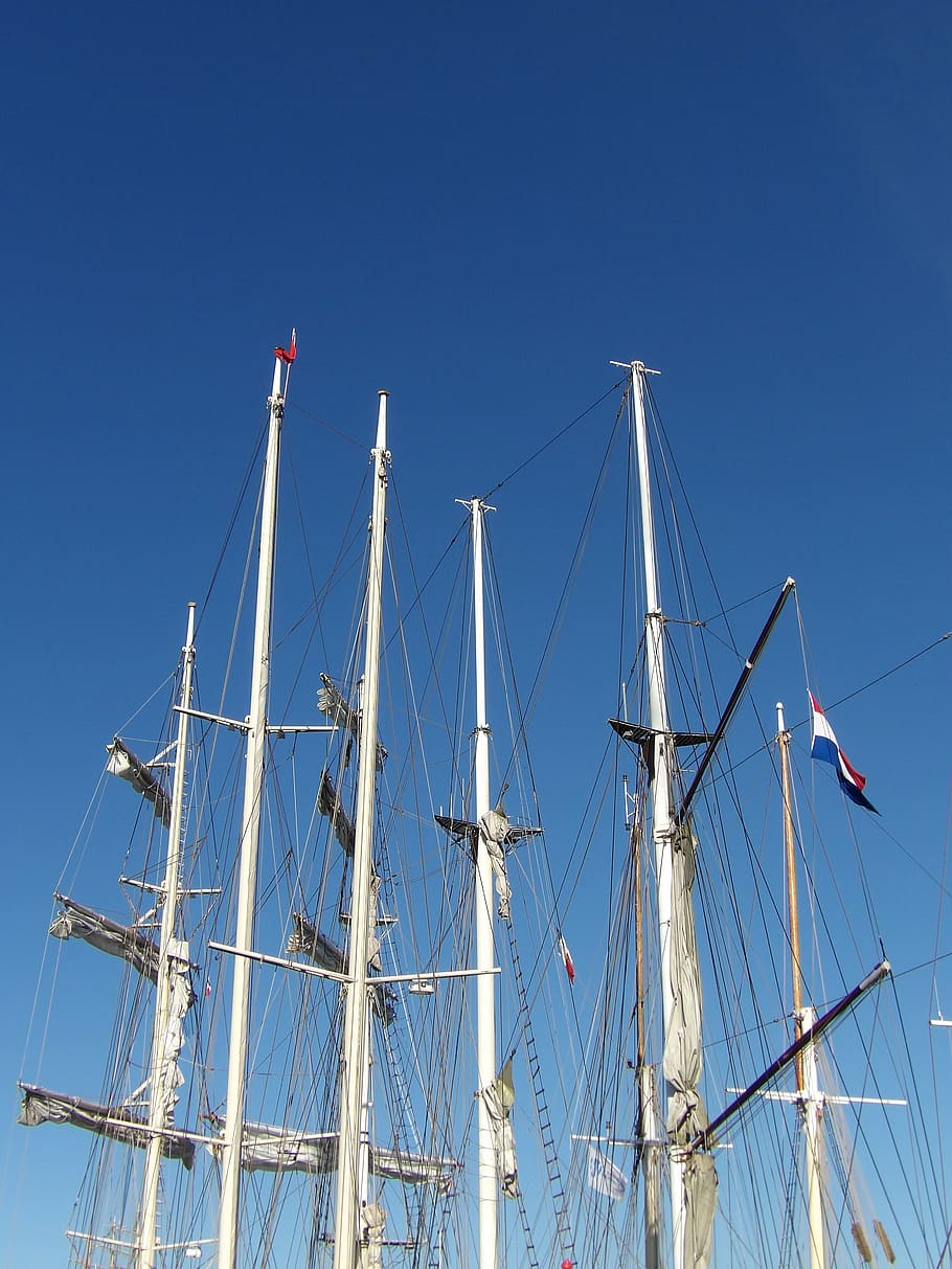 mats, sailboat, traditions, blue sky, navigation, three-masted, HD wallpaper