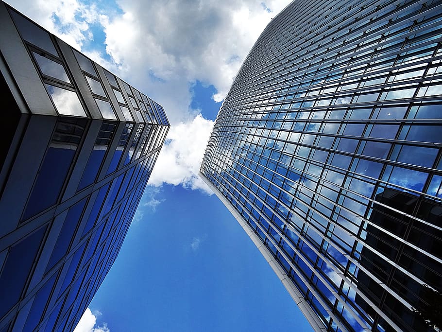 sky, clouds, buildings, glass, architectural design, architecture HD wallpaper