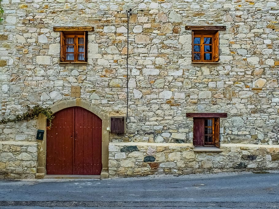 brown wooden door, architecture, house, wall, old, windows, brick, HD wallpaper