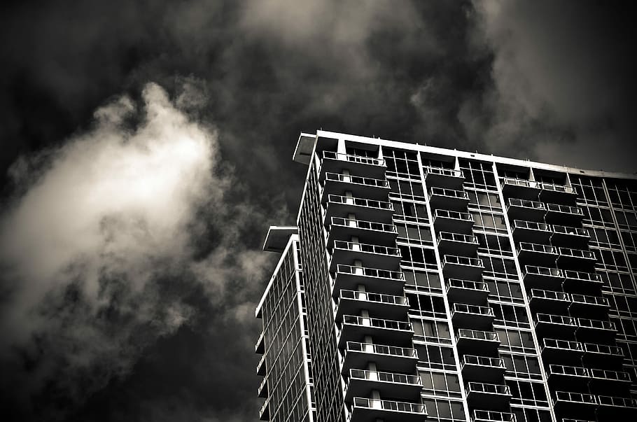 concrete building in low angle photography, architecture, blackandwhite HD wallpaper