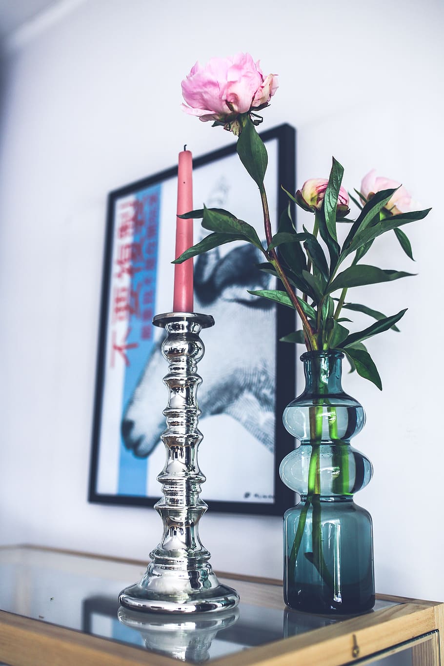 gray candle stick, silver, candlestick, pink, peonies, home HD wallpaper
