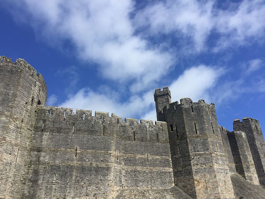 castle, wales, grey, blue, sky, welsh, landmark, uk, history, HD wallpaper