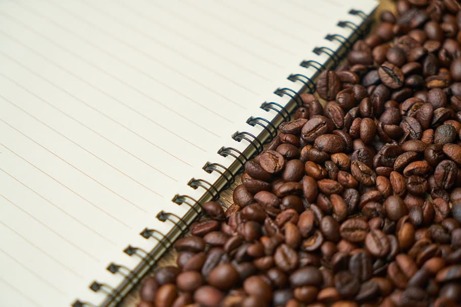 notebook, coffee, course, the work, espresso, coffee bean, kernels HD wallpaper