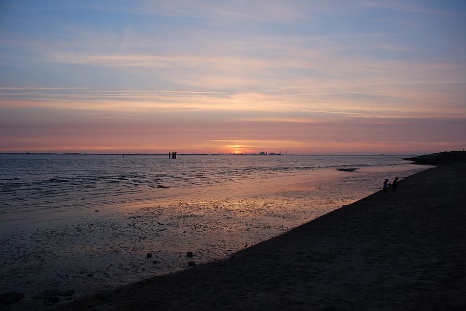 sunset, afterglow, emden, knock, coast, sea, beach, nature HD wallpaper