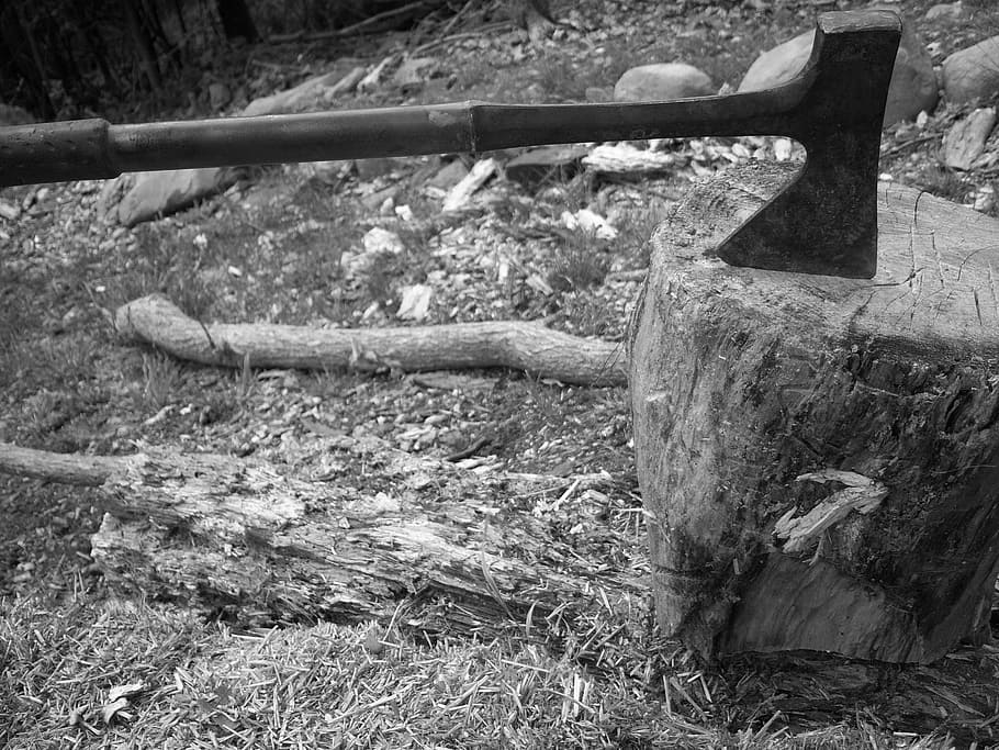 grayscale photography of axe on wood log, blade, block, carpentry, HD wallpaper