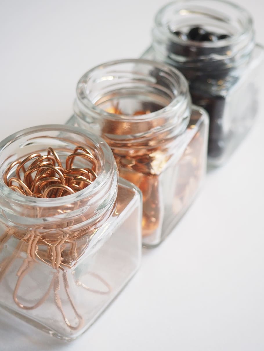shallow focus photography of three clear glass jars, desktop HD wallpaper