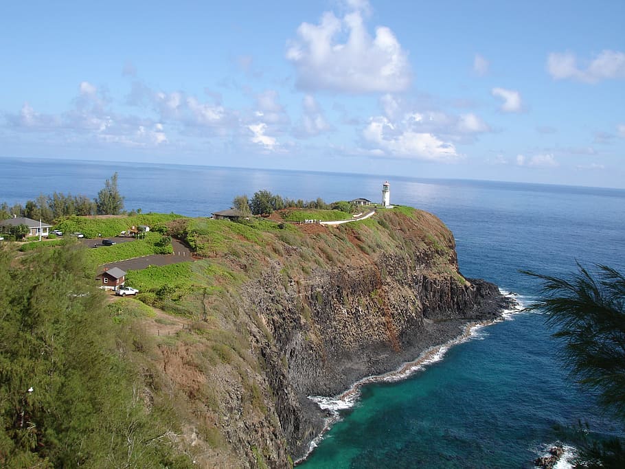 lighthouse beside body of water, penninsula, cliff, kilauea point, HD wallpaper