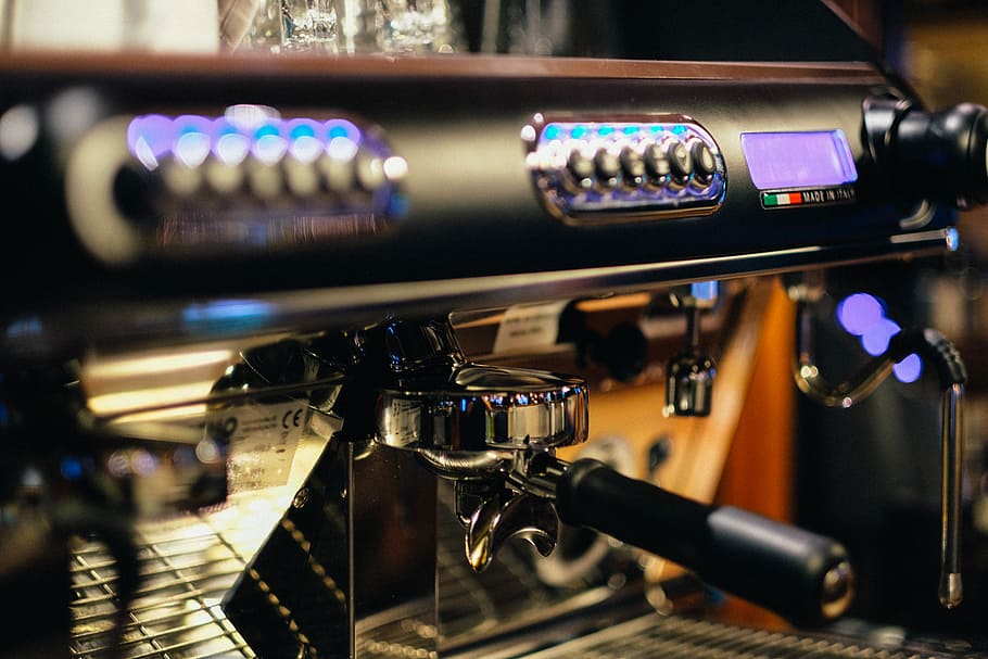 selective focus photography of black espresso machine, close-up photography of silver espresso maker, HD wallpaper