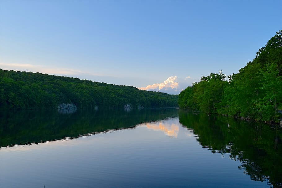 lake, sunset, clouds, reflection, trees, forest, park, evening HD wallpaper