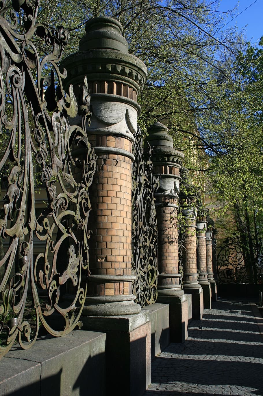 fence, pillars, decorative, ornate, park, path, trees, architecture HD wallpaper