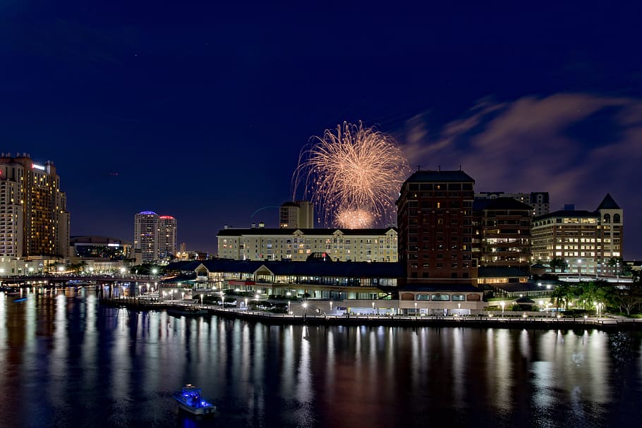 water, fireworks, reflection, colorful, explode, display, river HD wallpaper