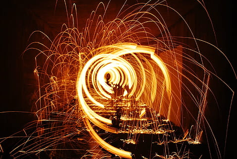Fire, Sparks, Circles, Burn, Gold, motion, long exposure, heat - temperature HD wallpaper