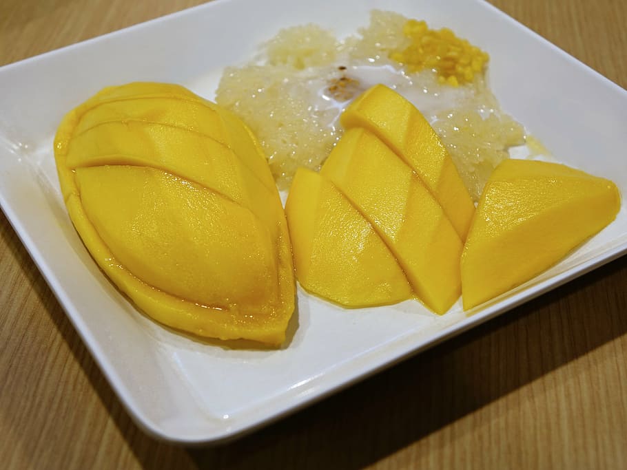 sliced mango, sticky rice, coconut milk, dessert, fruit, tropical, HD wallpaper