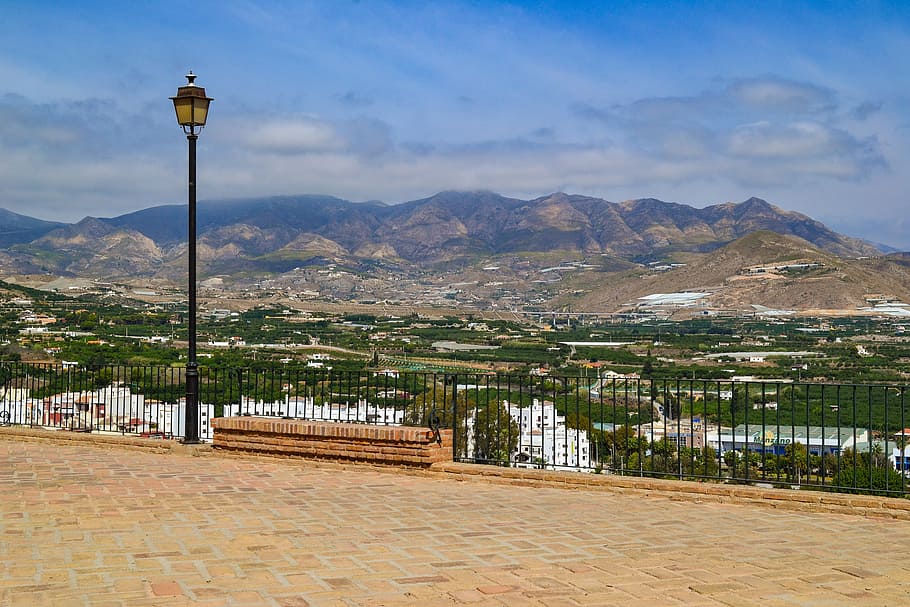 lantern, spain, salobrena, bench, mountains, landscape, travel HD wallpaper
