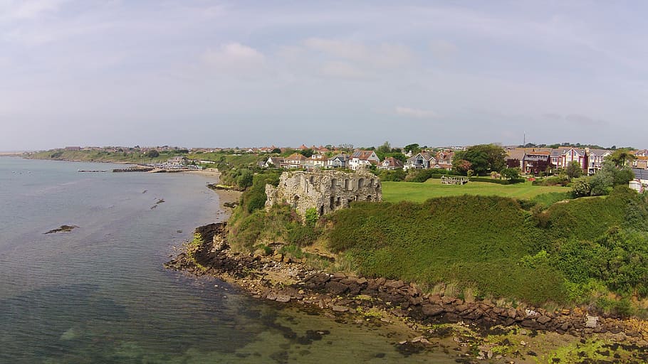 castle, england, coast, arial, flight, sea, coastline, nature HD wallpaper