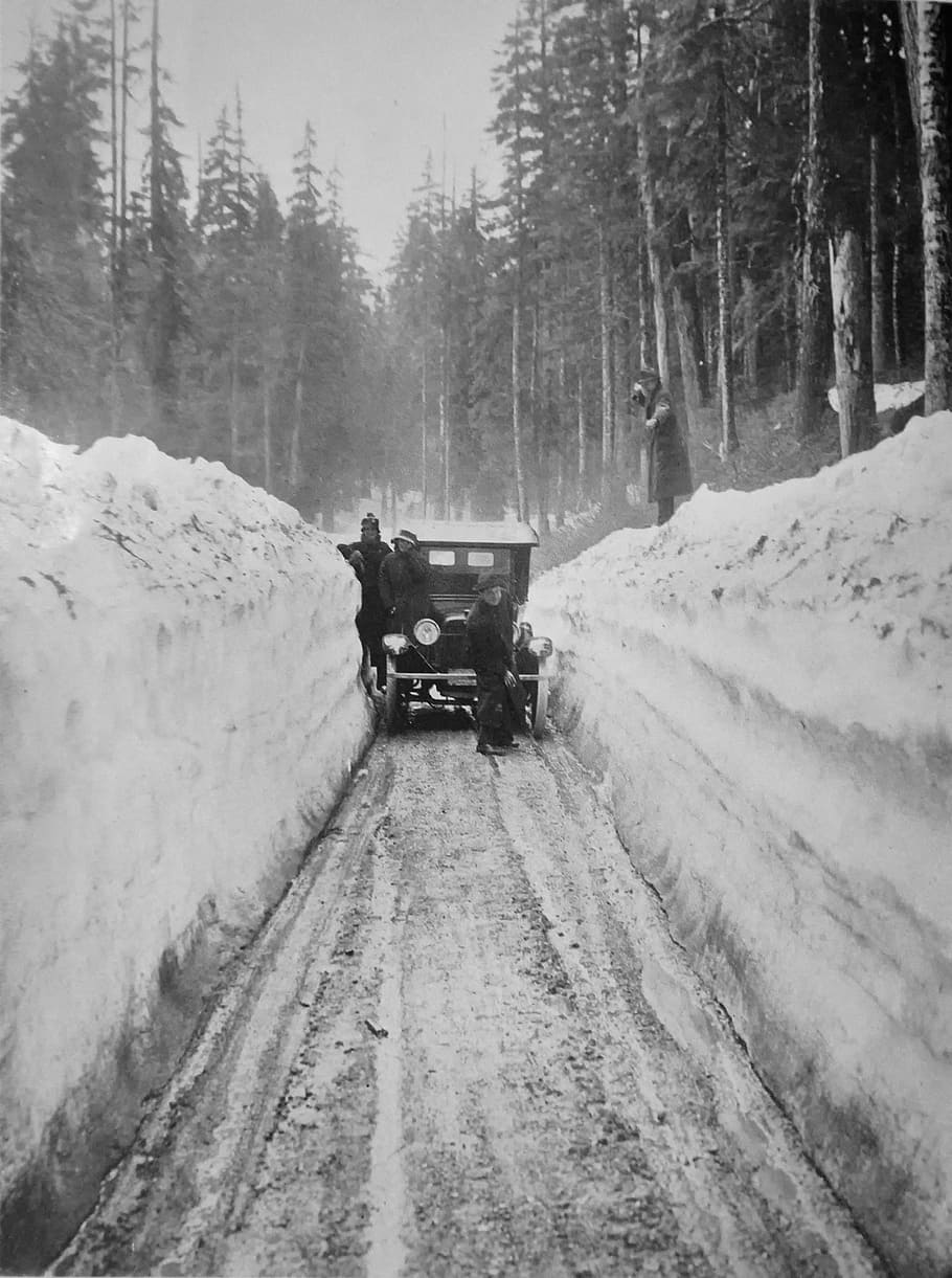 grayscale photo of vehicle between snow at daytime, washington HD wallpaper