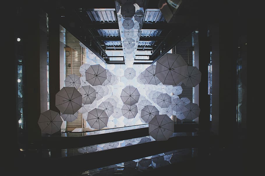 worm's eye view of white umbrellas, visual, shadow, light, vladivostok HD wallpaper