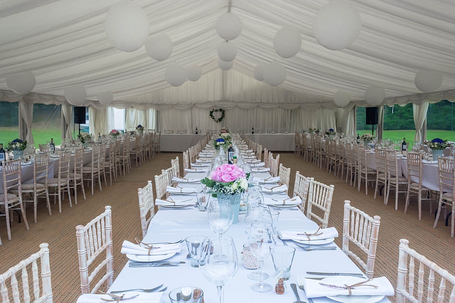 photography of tables and chairs under marquee, Dinner Party