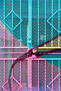 blue and pink steel gate, teal, yellow, and pink steel gate, door HD wallpaper