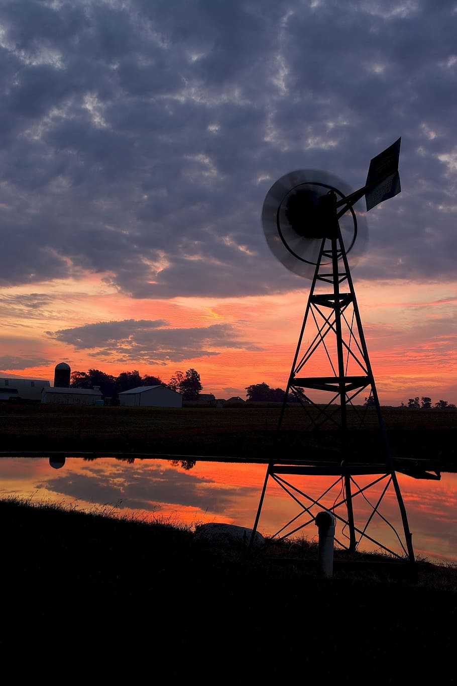 Windmill, Silhouette, Sunset, Sky, landscape, clouds, agriculture HD wallpaper