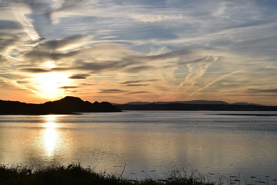 sky, sun, sea, nature, sunset, landscape, lake, mountain, scenics HD wallpaper