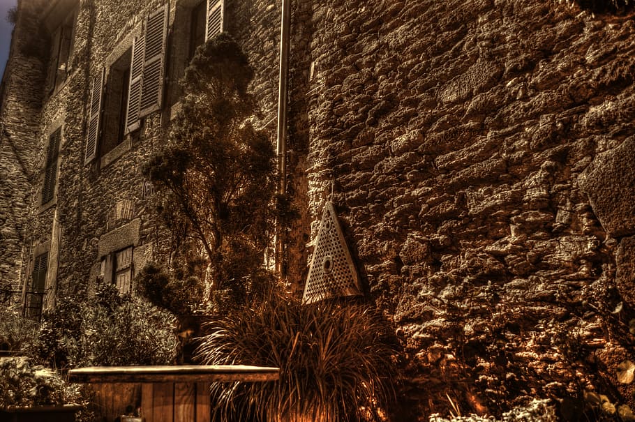 wall, facade, bricks, stones, old, former, night, light, built structure HD wallpaper