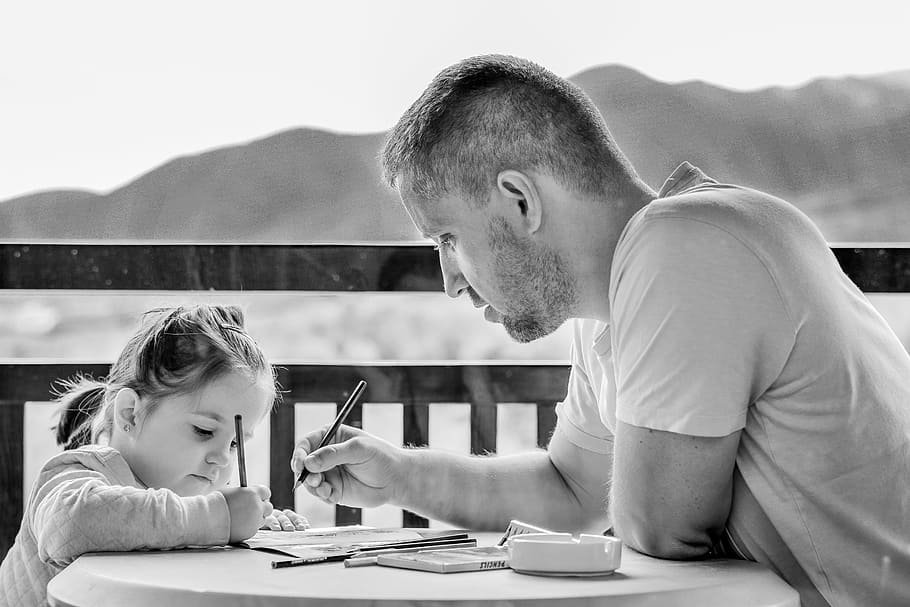 dad teaching his daughter, girl, father, portrait, eyes, outdoor