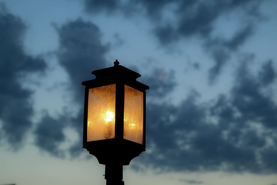 street lamp during nighttime, lighted post lamp, black, utility HD wallpaper