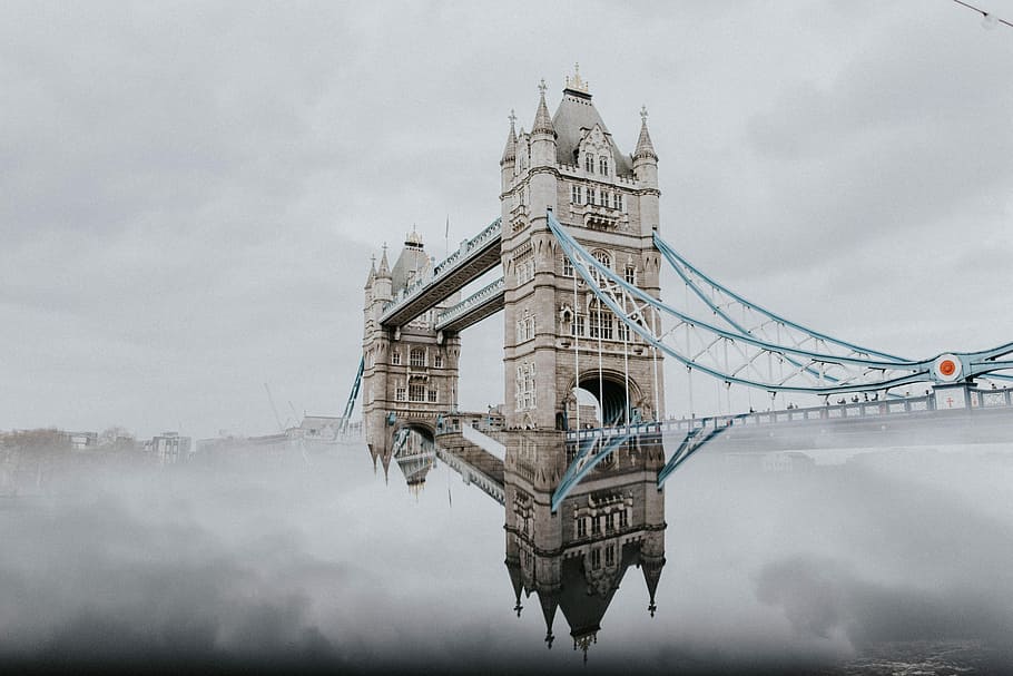 Tower Bridge, London, reflection, fog, cloud, mirror, ornate, HD wallpaper