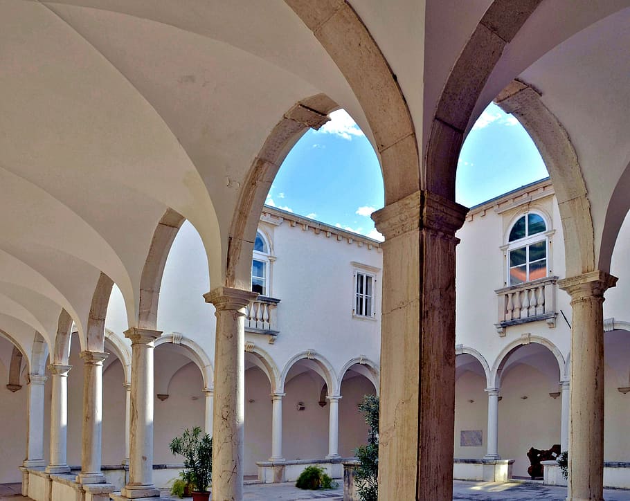 cloister, monastery, sky, summer, building, strive, pillar HD wallpaper