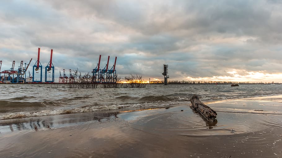 waters, sea, beach, sand, sky, elbe, hamburg, elbe beach, north HD wallpaper