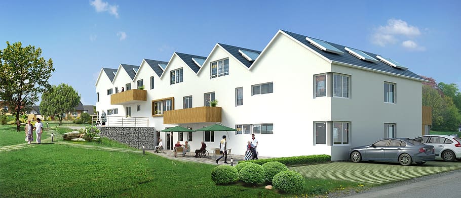 white concrete building surrounded by lawn grass, terraced house HD wallpaper
