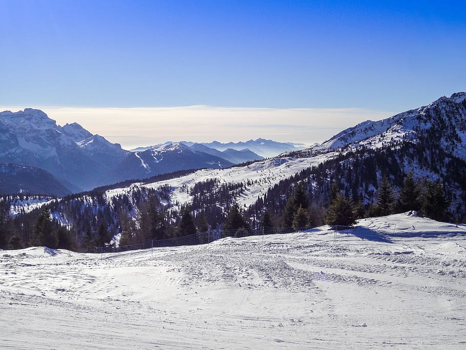 snow, mountains, sky, clouds, fog, ski, top, winter, woods, public domain images HD wallpaper