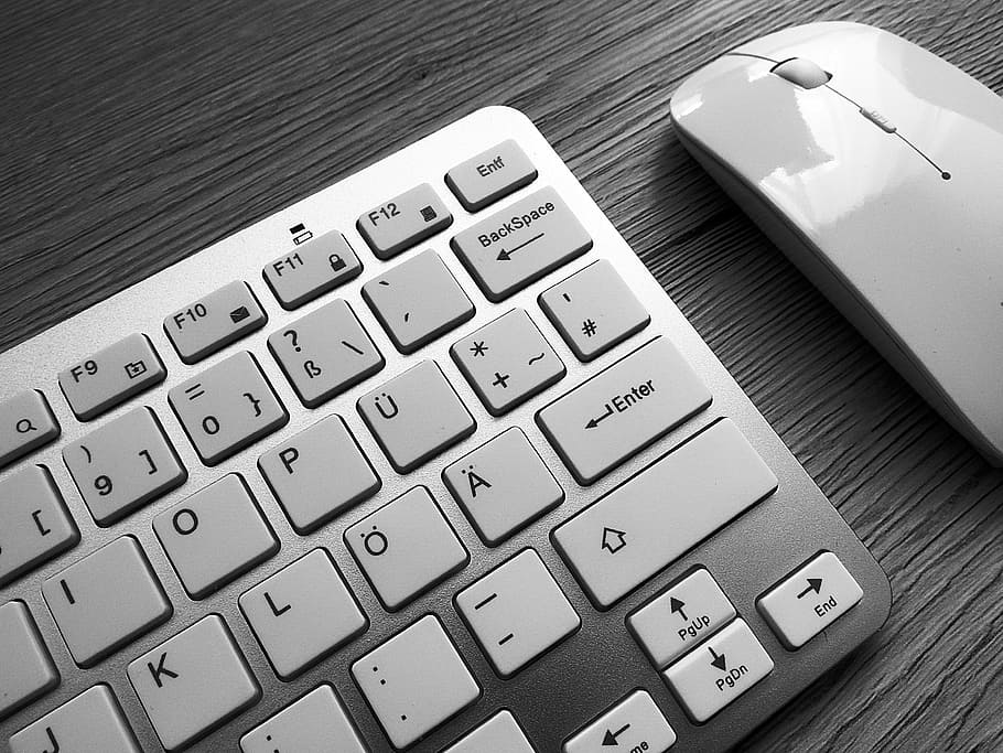 silver Apple Keyboard and Magic Mouse, desk, workplace, black and white HD wallpaper