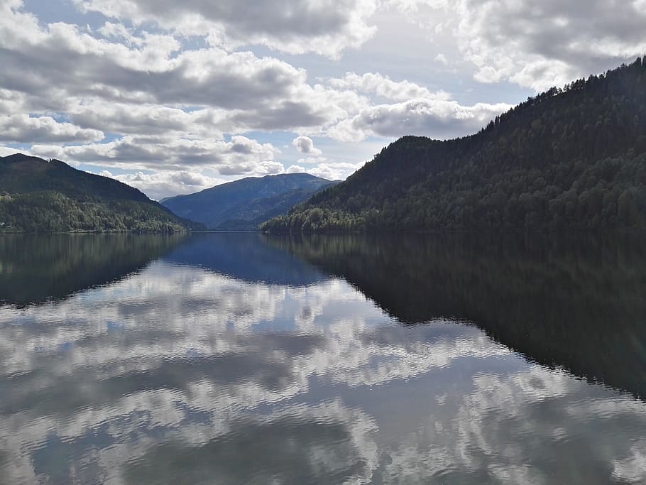 fjord, lake, water, mountain, norway, hardanger, clouds, landscape, HD wallpaper