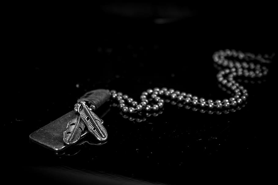 grayscale photography of dog pendant and two feather pendants HD wallpaper
