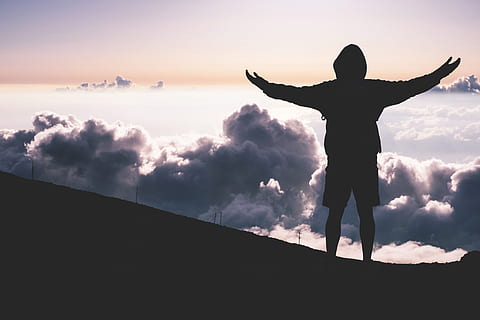Man standing in mountain clouds, people, adventure, holiday, landscape HD wallpaper