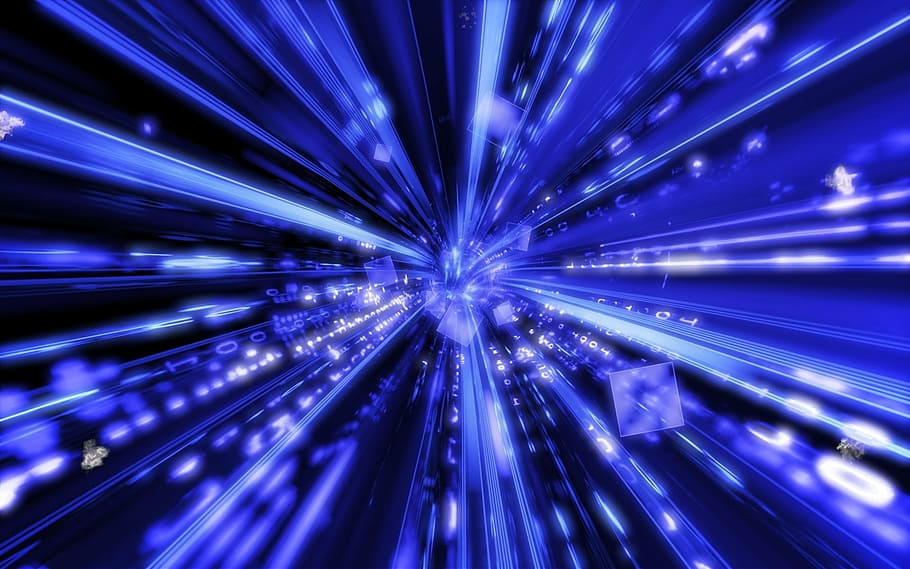 blue LED lights, wormhole, science, portal, abstract, technology