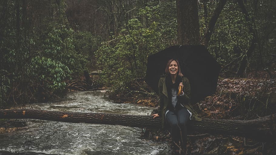 woman sitting on tree while holding umbrella, woman holding umbrella HD wallpaper