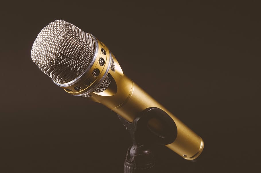 gold microphone with stand, yellow, gray, wireless, audio, recording, HD wallpaper