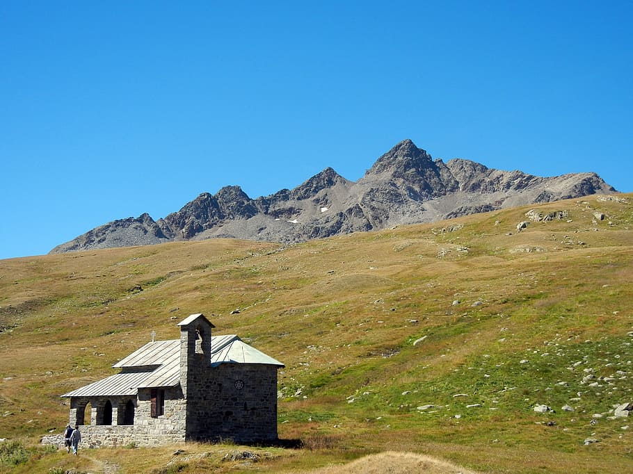 sky, mountain, step, green, mountains, landscape, church, summer HD wallpaper