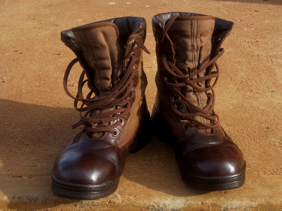 brown leather combat boots on brown concrete surface, footwear, HD wallpaper