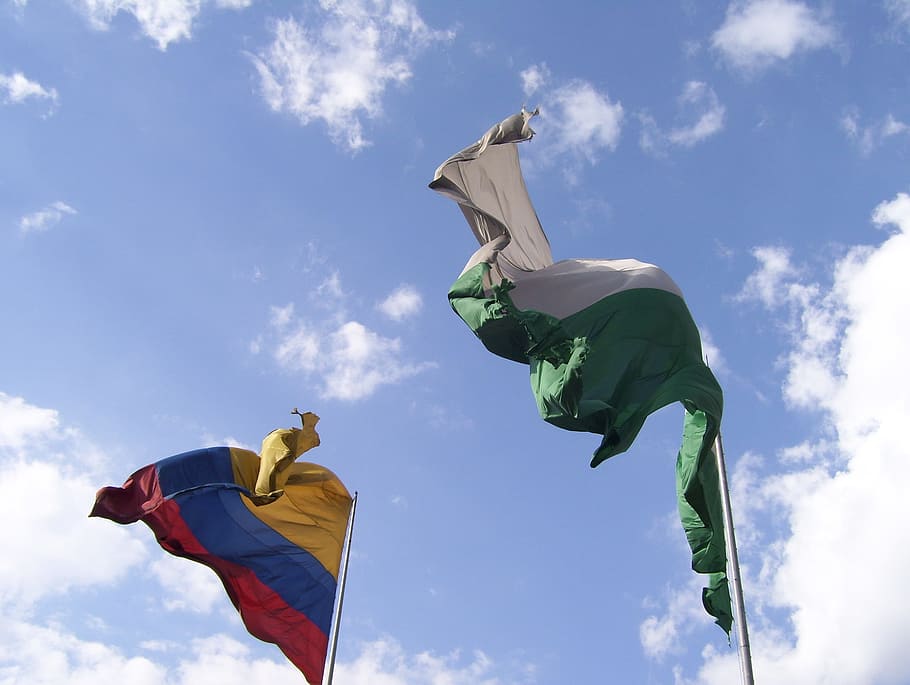 medellín, colombia, flags, antioquia, blue sky, wind, cloud - sky, HD wallpaper