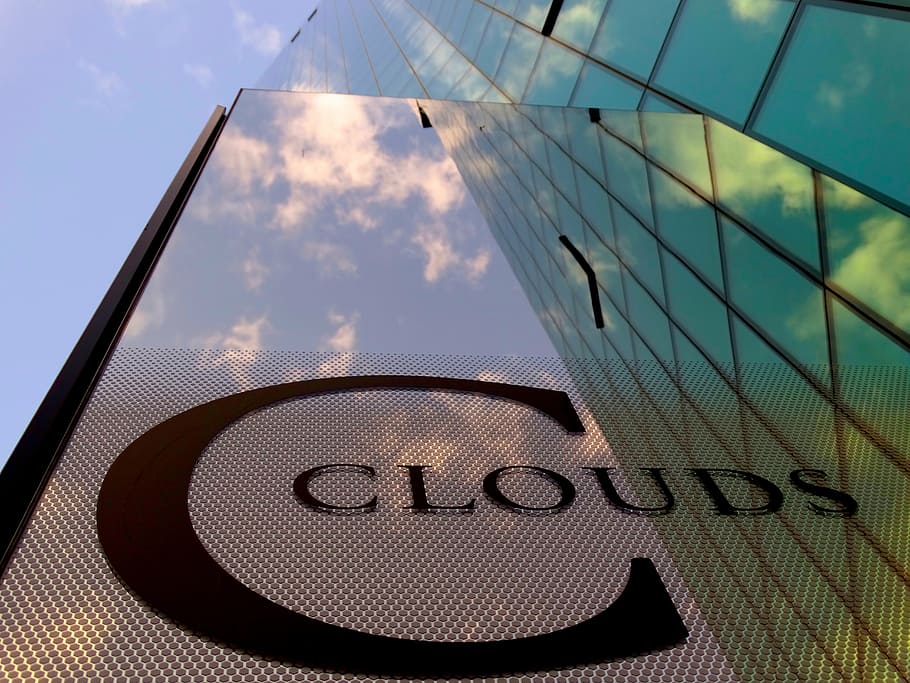 facade, clouds, mirroring, architecture, sky, glass front, glazing HD wallpaper