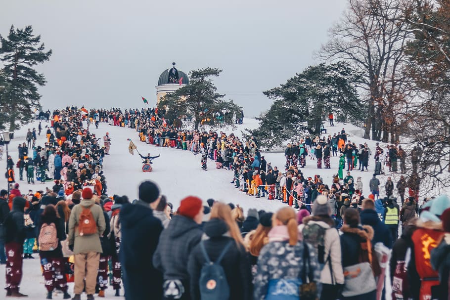 people stands on snow and watches sled race during daytime, people standing on snow covered place HD wallpaper
