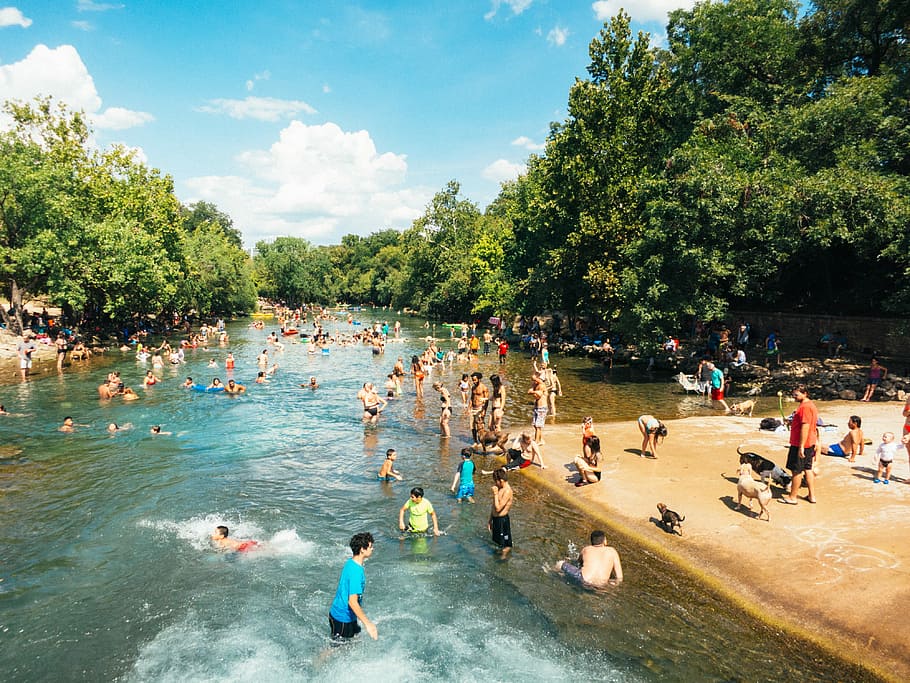 group of people in body of water during daytime, people gathered in body of water surrounded by trees HD wallpaper