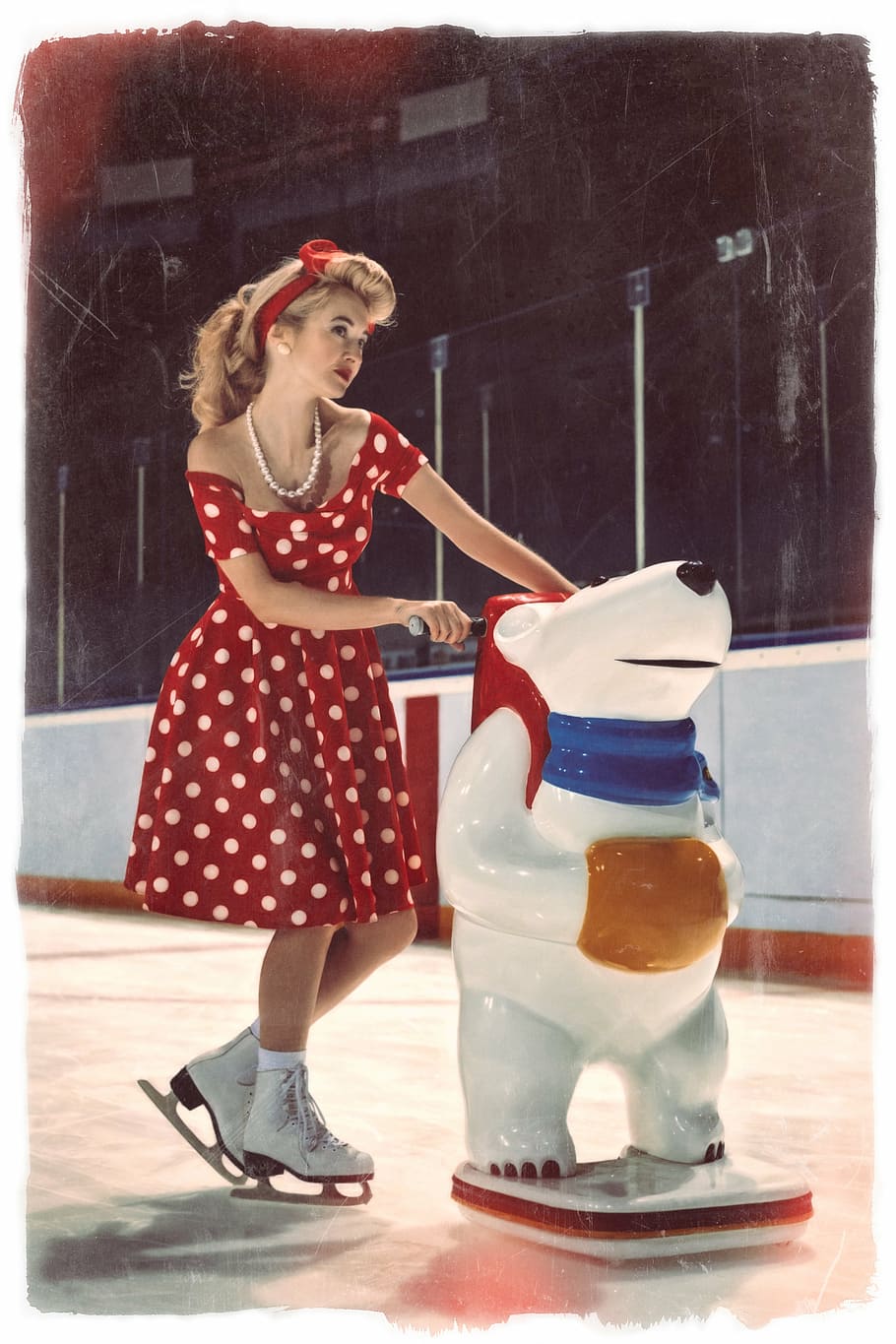 woman wearing red and white polka-dot dress, girl, ice, girl on ice