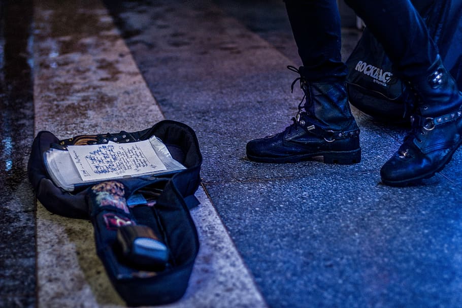 two black bags on pedestrian lane, person wearing black boots standing near bag, HD wallpaper