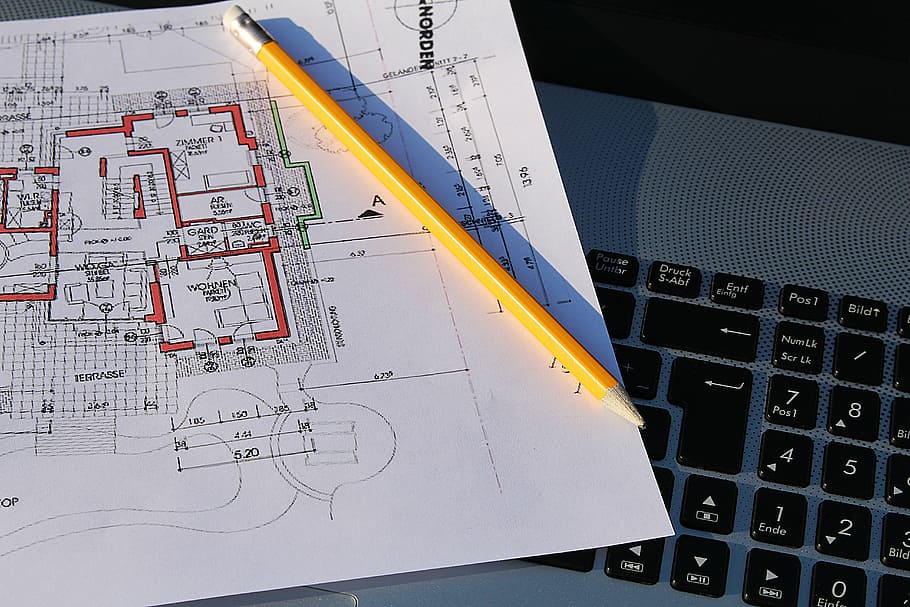 yellow pencil on white printing paper on laptop, building plan HD wallpaper